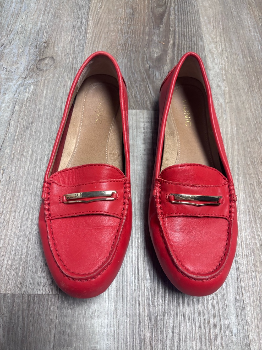 Vionic Ashby Red Leather Driving Loafers with Gold Bar Accent